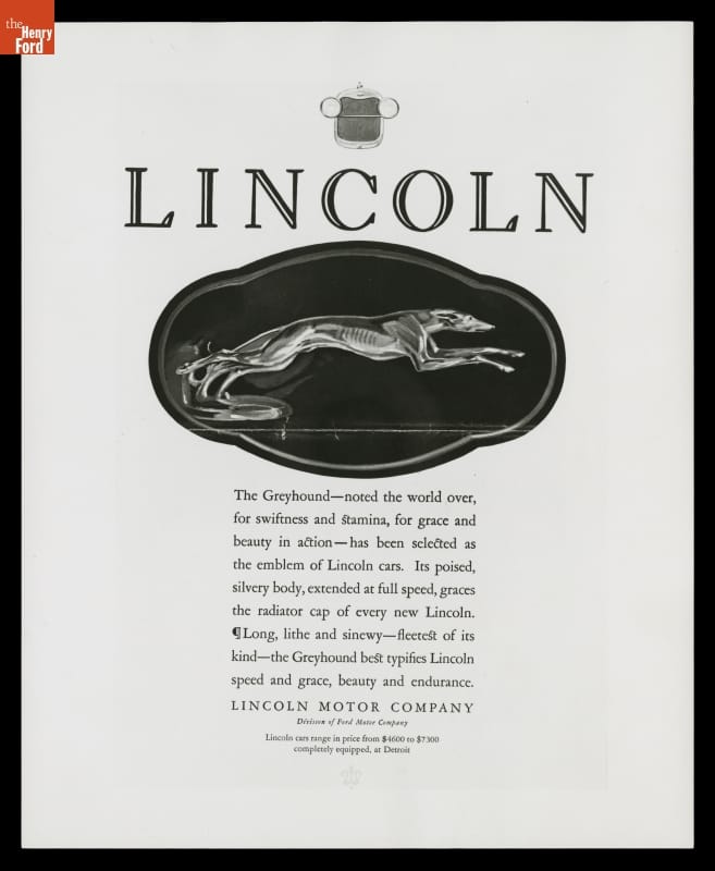 Original circa-1930 Lincoln advertisement showing the greyhound mascot adopted in 1925