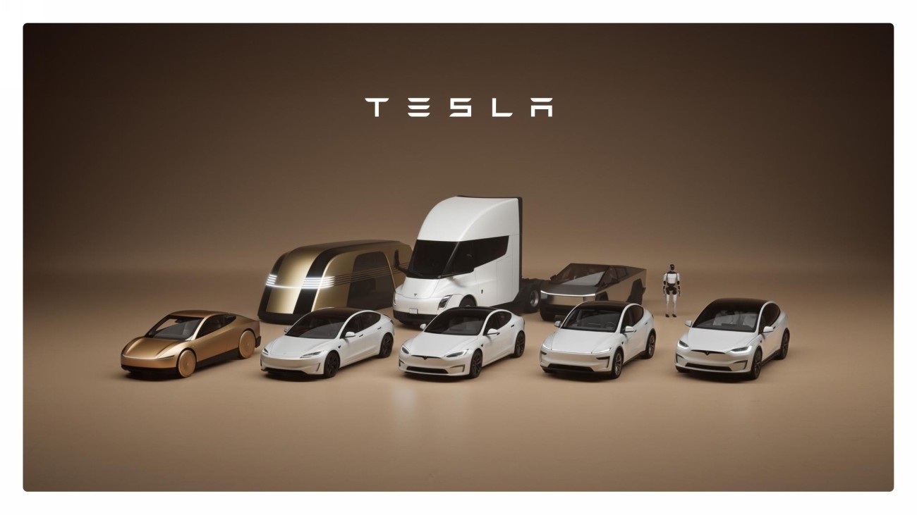 Original image embedded in Tesla’s October 6, 2025 investor presentation, showing its wordmark above products and concepts